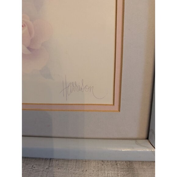 Framed Cat & Roses Print By Harrison With Light Blue Frame 11" X 9" Pastel Tones - Picture 2 of 6
